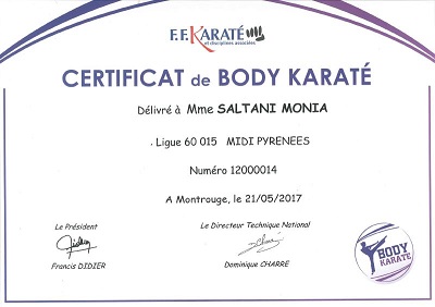 Certificat Body Karaté — Monia SALTANI